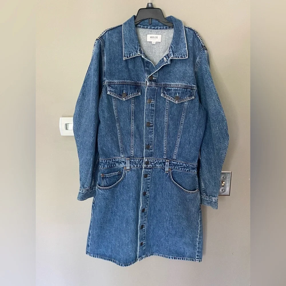NWT AGOLDE x ANTHROPOLOGIE Denim Mini Dress Balloon Sleeves Size 12 - Picture 6 of 11